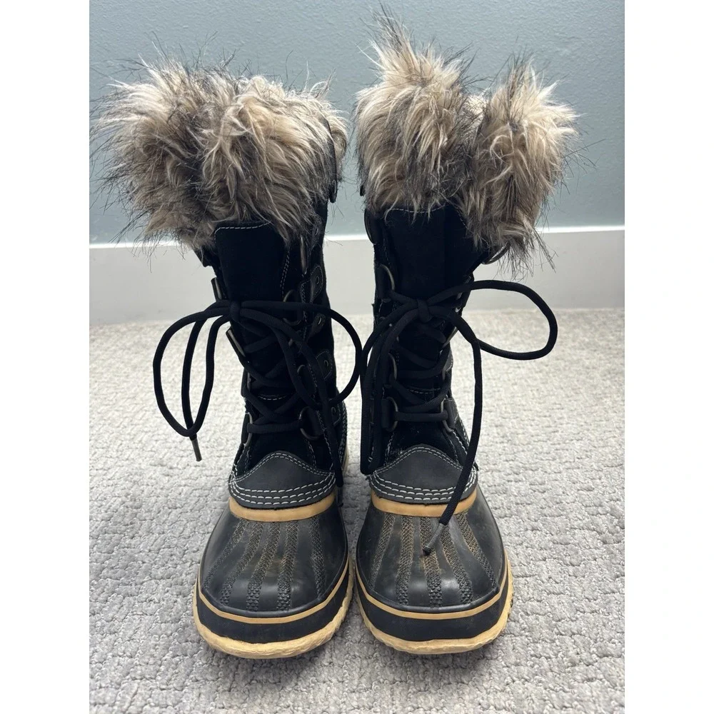 Sorel Joan Of Arctic Waterproof Suede‎ Snow Boots Black Faux Fur Cuff Sz 6